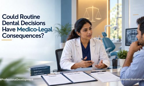Dentist discussing consent, clinical records and referrals with a patient – AI-generated illustration
