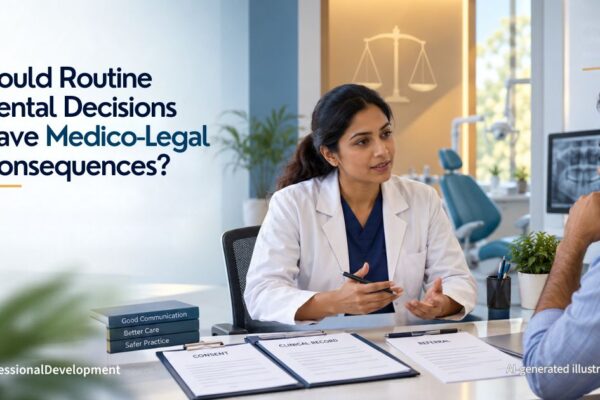 Dentist discussing consent, clinical records and referrals with a patient – AI-generated illustration