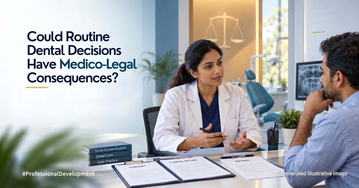 Dentist discussing consent, clinical records and referrals with a patient – AI-generated illustration